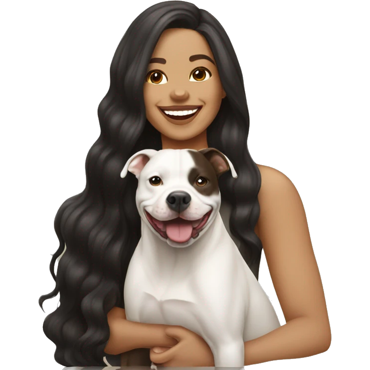 light skin woman with long wavy black hair expressing joy alongide a white and brown pitbull emoji