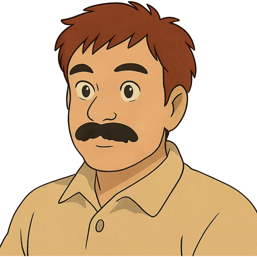 Asian man with black mustache and red hair, ghibli style emoji