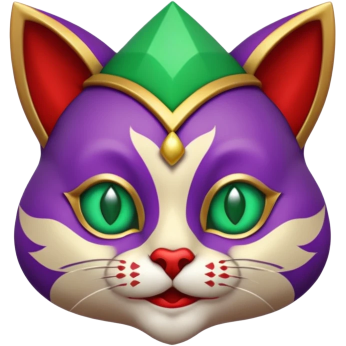 crazy colorful cute little cat jolly joker from poker, medieval, vintage, court jester, mac os icon, purple, gold and red color, half body, emerald green ice eyes. Squared shape as 3D mac os icon, symmetrical emoji