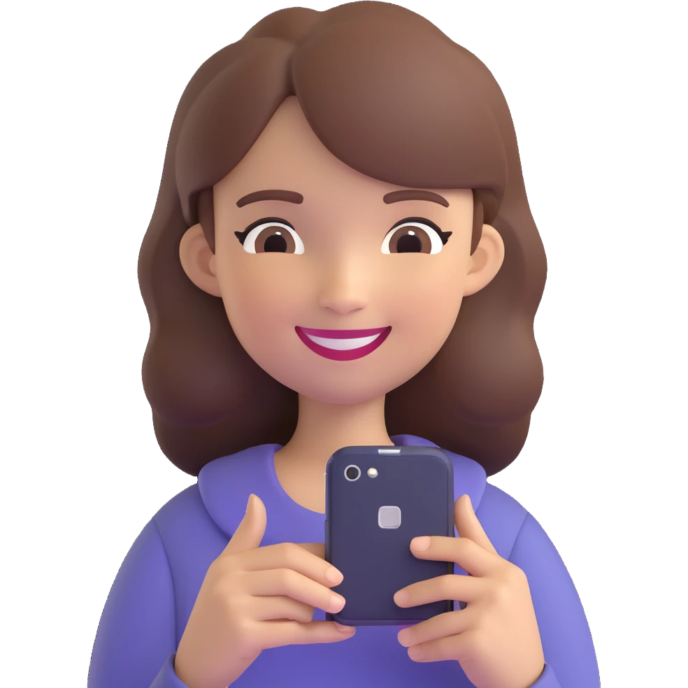 girl holding a smartphone, smiling, emoji style, with brown hair emoji