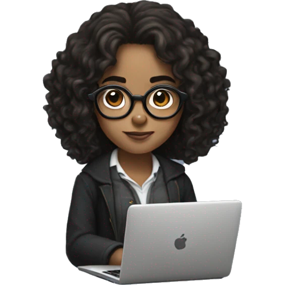 Hermione Granger with black curly hair and specs, working on laptop emoji