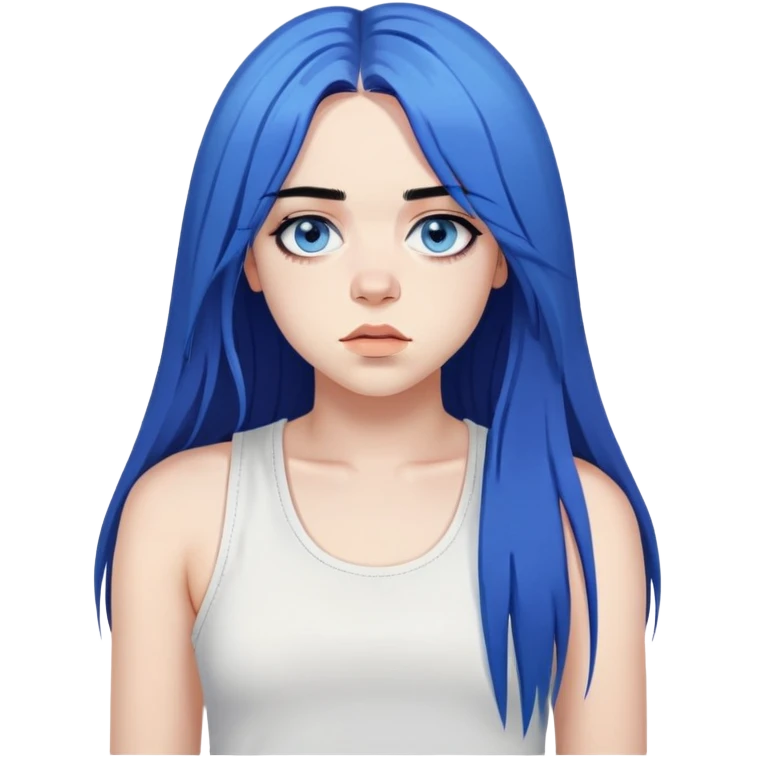 billie eilish long black hair blue eyes dark eyeliner makeup, wearing white singlet emoji