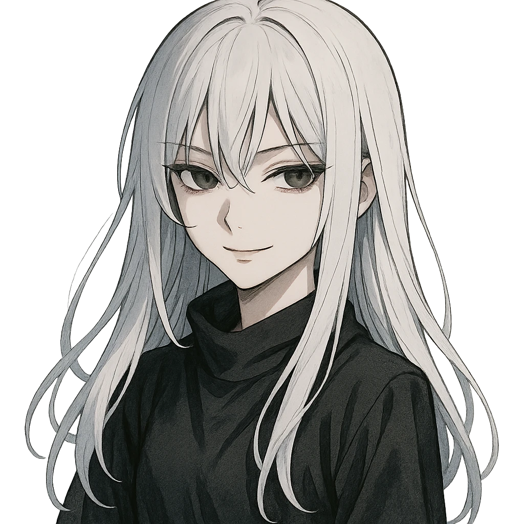 anime girl with long white hair, mysterious, slight smile emoji