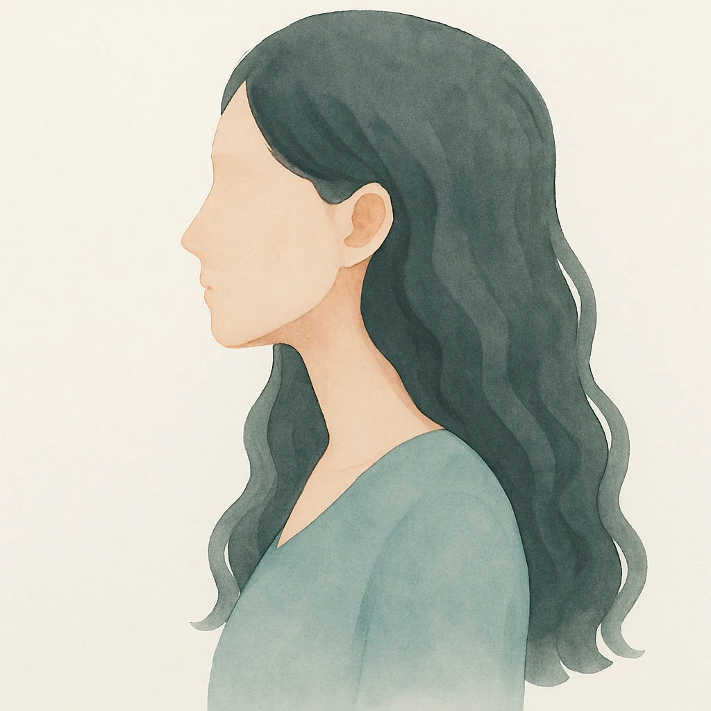 Make the faceless Asian woman with long, wavy hair face sideways in soft watercolor style. emoji