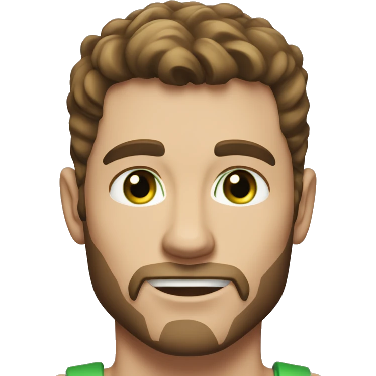 man, short brown hair, short beard, VERY LONG AND POINTY nose, white, green eyes, muscular, freckles emoji