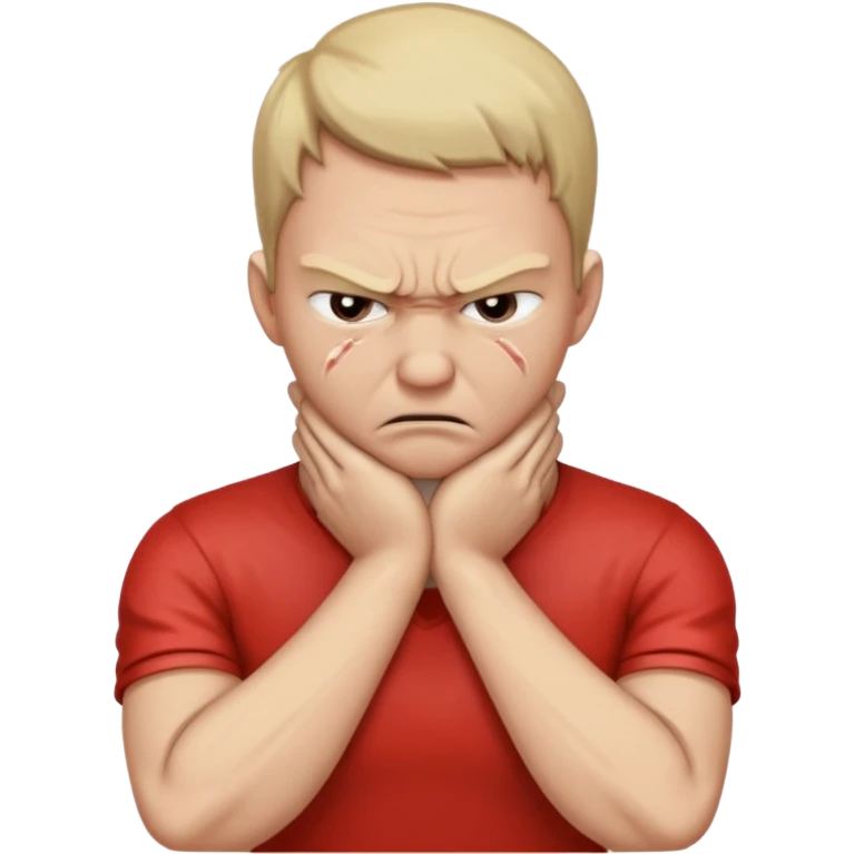 Grabbing throat with hands and looking angry with arms crossed and under chin, grabbing neck emoji