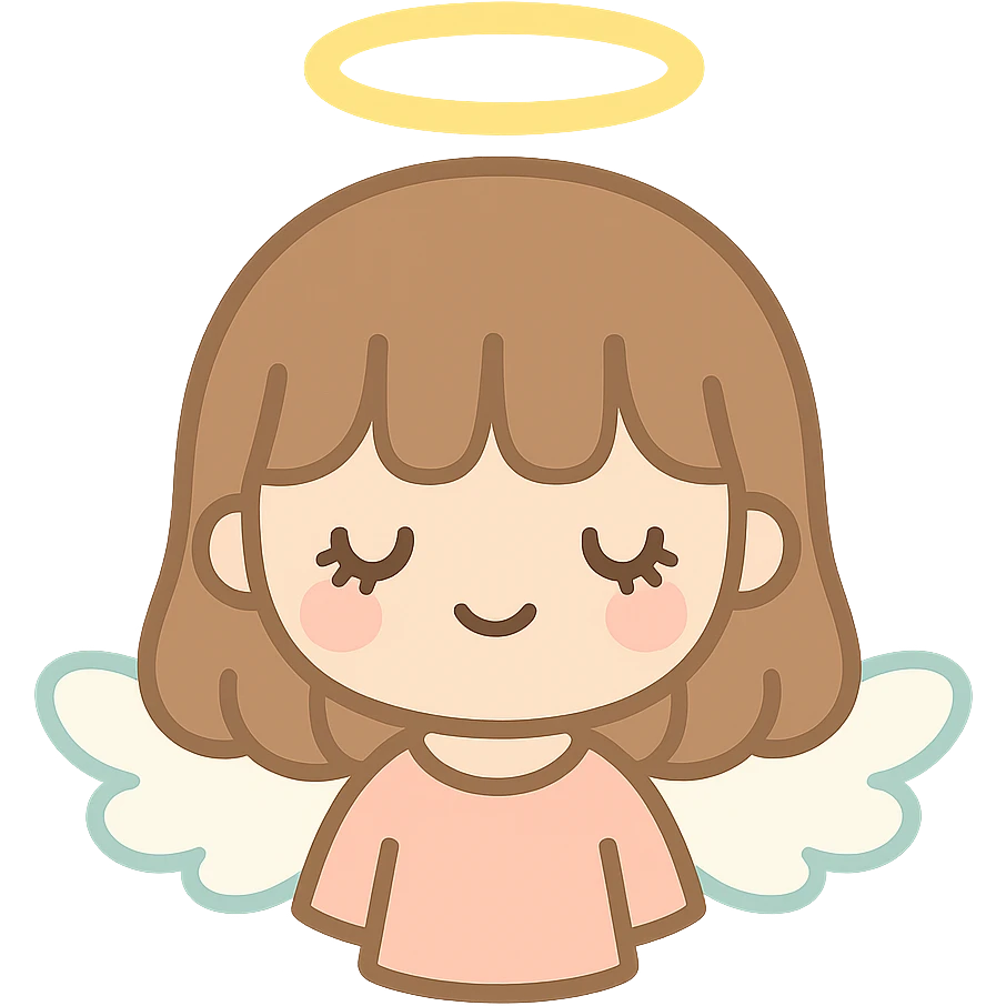 cute brown haired girl with bangs and long lashes as an angel, soft features, glowing halo, small wings, gentle smile emoji