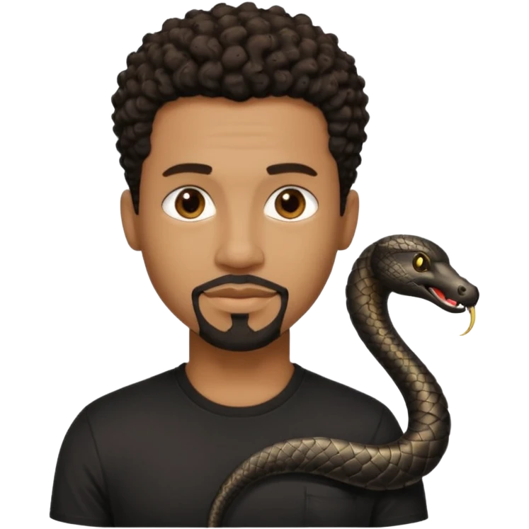 Homme noir, yeux marron avec un bouc sans la moustache, cheveux noir court et bouclé crépus avec un dégradé sur le côté, avec un cobra à côté , t-shirt noir  emoji