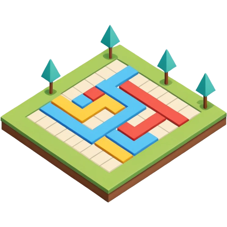 an isometric field with multi-colored tiles and directional arrows emoji