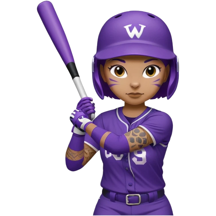 WCU Softball player in purple Cats uniform batting with a full arm sleeve tattoo on left arm emoji