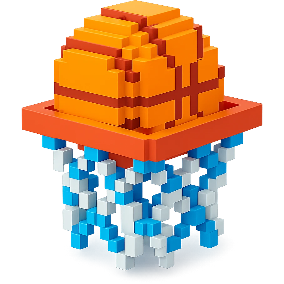 Voxel-style basketball in a net, no background, variation 8. emoji