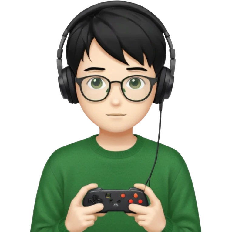 
gamer, Gorgeous green sweater black hair anime style shojo guy glasses, headphone, gamepad emoji
