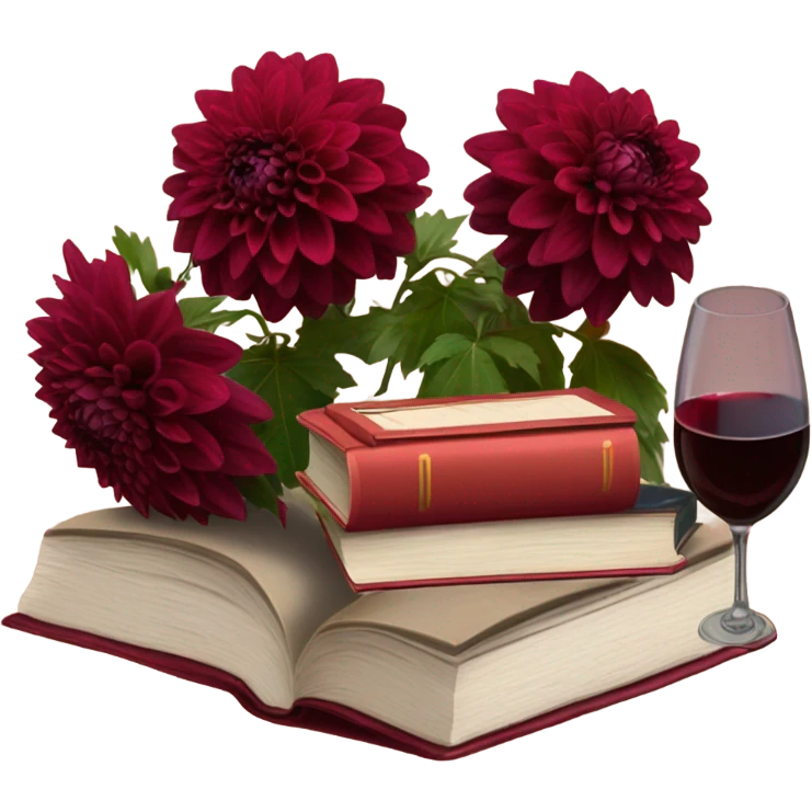 A deep red pile of books with classic dahlias and a spilled wine glass emoji