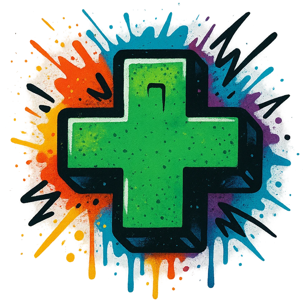 graffiti style emoji of a first aid cross with a graffiti mural style emoji