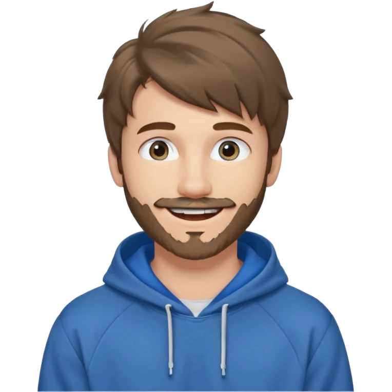 20 year old man, short scruffy beard and thin moustache, brown puffy mullet, blue eyes, big smile, white teeth, big lips, pronounced jaw, hair longer in back, sticking up on top, thin face, grey hooded sweatshirt, pale skin, big smile, blue eyes, puffy hair that is long in back, blue eyes emoji