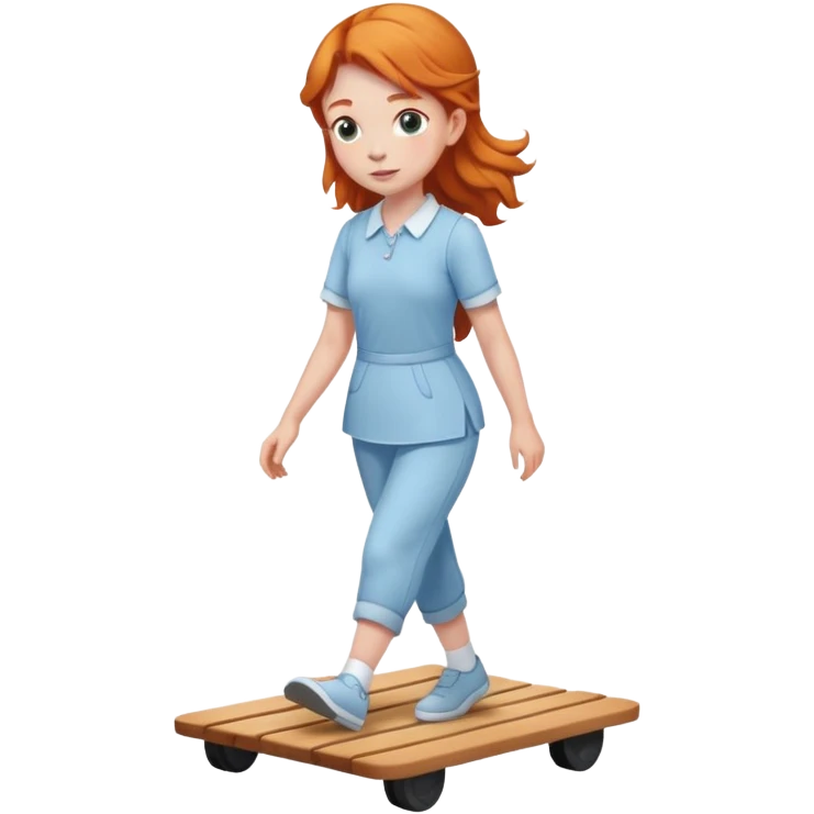 Ginger girl walking on wooden walking pad light blue outfit emoji