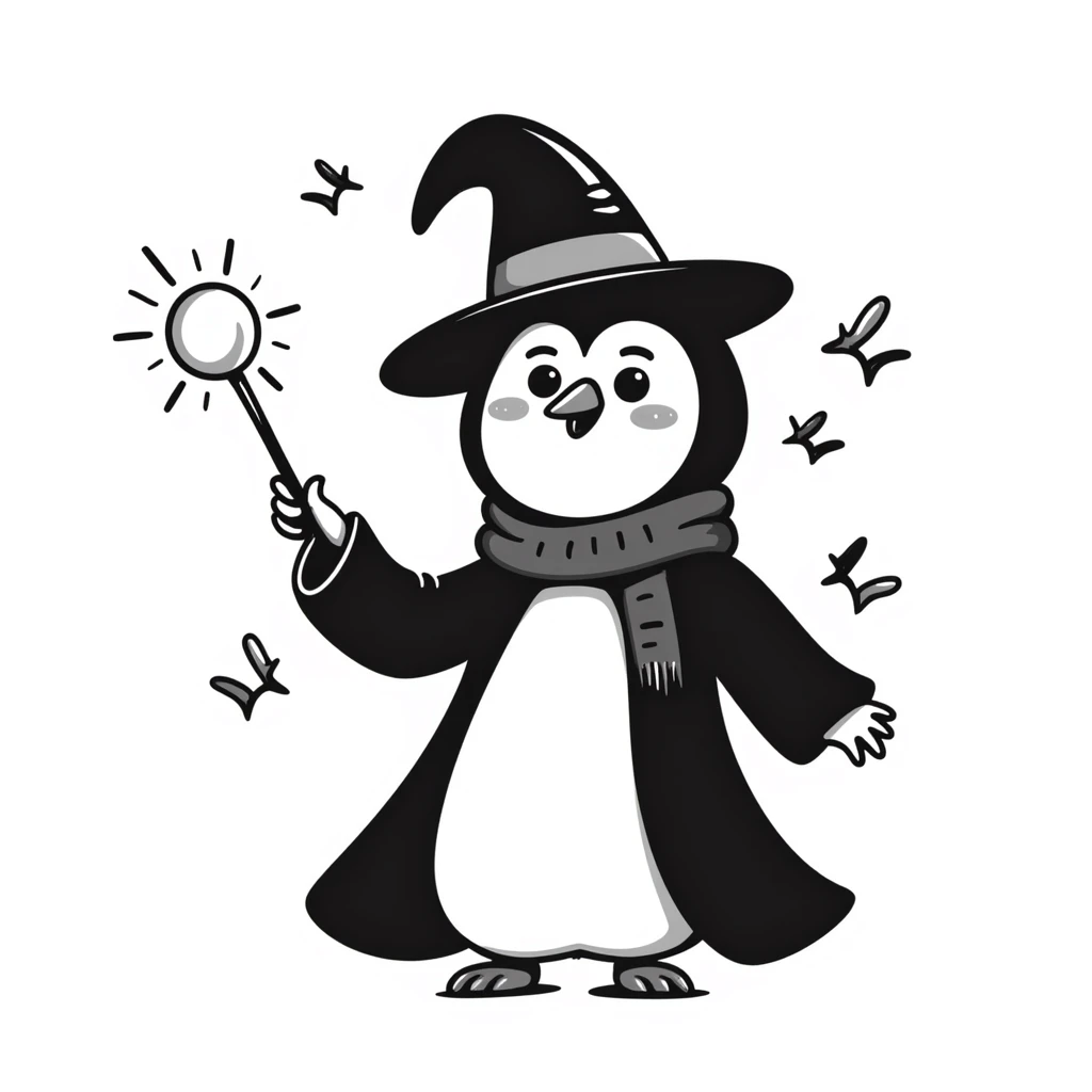 penguin wizard, whimsical and hand drawn, notion style doodle, includes magical elements, with text emoji