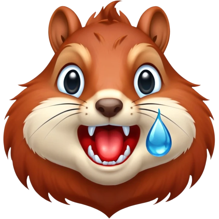 Front view of squirrel face with red-brown fur, prominent teeth, black eyes, and a huge blue drool droplet hanging from mouth, unmistakable drooling emoji