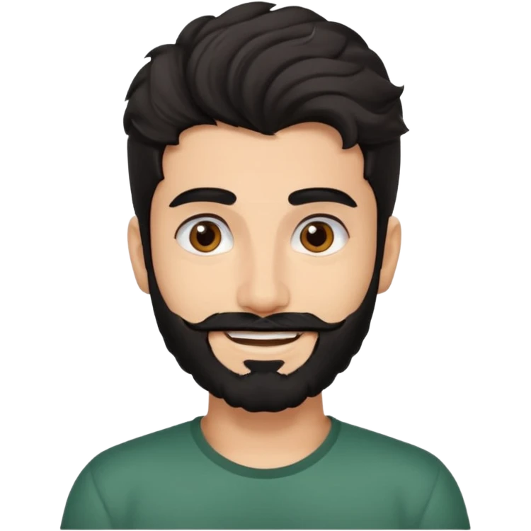 young fair skin pakistani guy smiling with black beard, wavy hair pushed back and brown eyes and thick eyebrows emoji