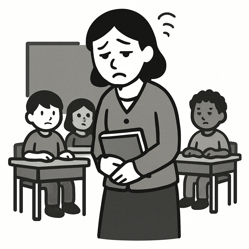 exhausted teacher in a bustling classroom emoji
