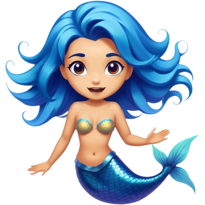Cinematic Realistic Blue Hair Mermaid Portrait, head tilted dramatically with an exaggeratedly amused expression, featuring a striking, vibrant form with meticulously detailed, flowing blue hair and glowing, tanned skin. Her expressive eyes brim with playful marine mischief, rendered with dynamic underwater lighting and vibrant textures that imbue the scene with an air of cheeky, over‐the‐top oceanic whimsy—capturing the essence of a spirited mermaid ready to enchant with coastal charm. emoji