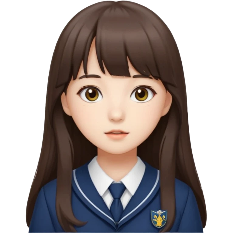Yuju Gfriend menggunakan baju sekolah dengan rambut panjang dan ada poni  emoji
