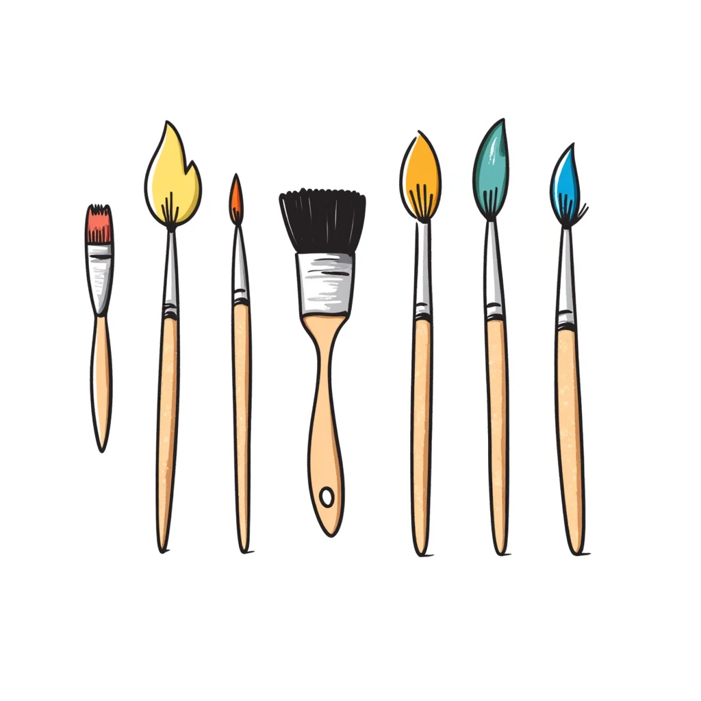 Set of artist paintbrushes in different sizes and shapes with wooden handles and colorful bristles. Using specific pastel colors (dd9fb0, ffc6d3, a3bfc9, c4bee2, f1b091). Hand-drawn doodle style with intricate details. Some brushes have paint on their tips. Transparent background. emoji