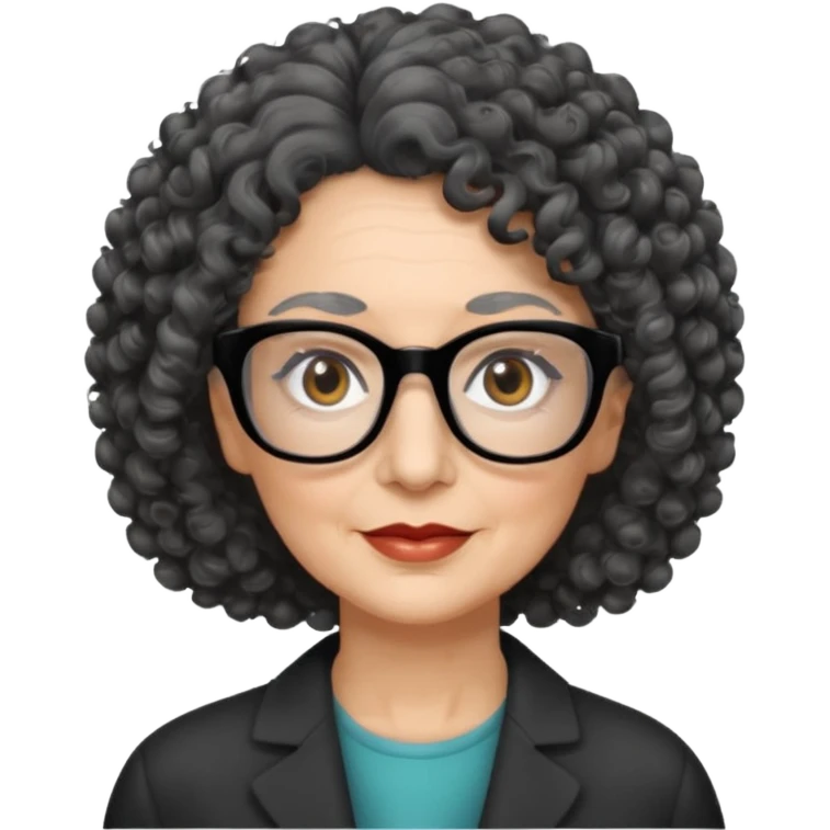 femme 60 ans cheveux gris foncé très bouclé et yeux marrons foncé, lunettes rectangle noir emoji
