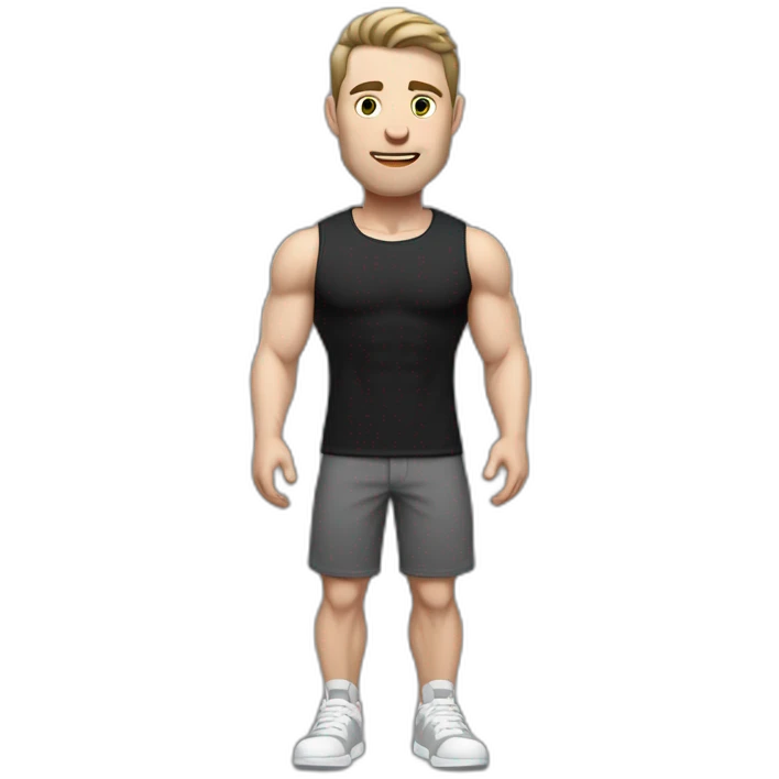 Pale skinned Fit Man With the biceps and dark brown hair in black shirt, gray sports shorts and white Sneakers emoji