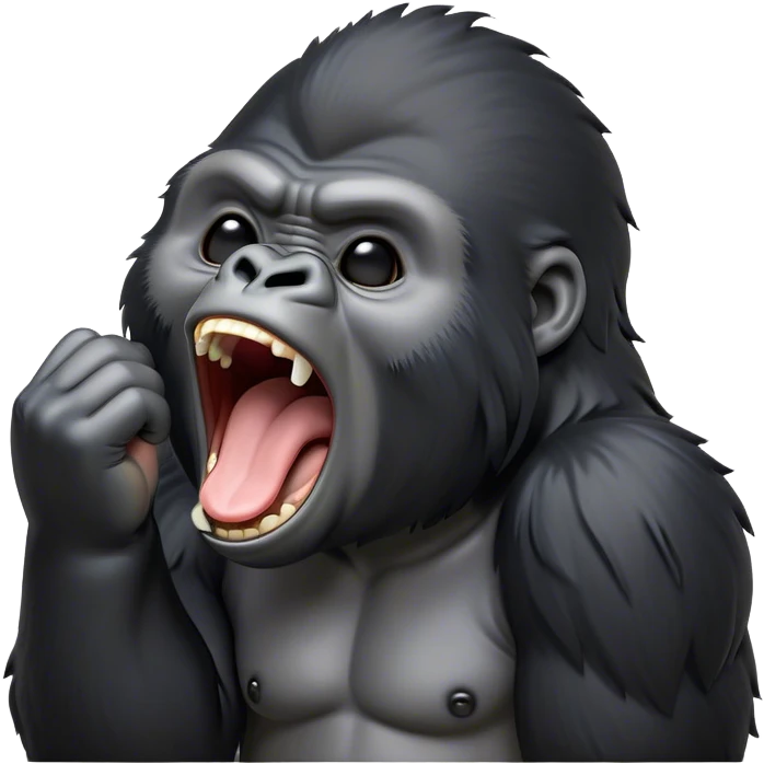 Cinematic Cute Yawning mountain Gorilla Portrait Emoji, Head tilted slightly with a dramatic, wide-open yawn, showcasing a formidable build with a black and greyy mane and drowsy, half-closed eyes, Simplified yet irresistibly adorable features, highly detailed, glowing with a soft, cozy jungle glow, high shine, relaxed yet expressive, stylized with a dash of whimsical primate charm, soft glowing outline, capturing the essence of a drowsy yet affectionate guardian that appears ready to stretch out for a nap! emoji
