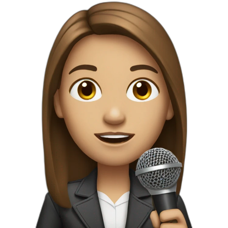 a journalist with long brown hair with a microphone emoji