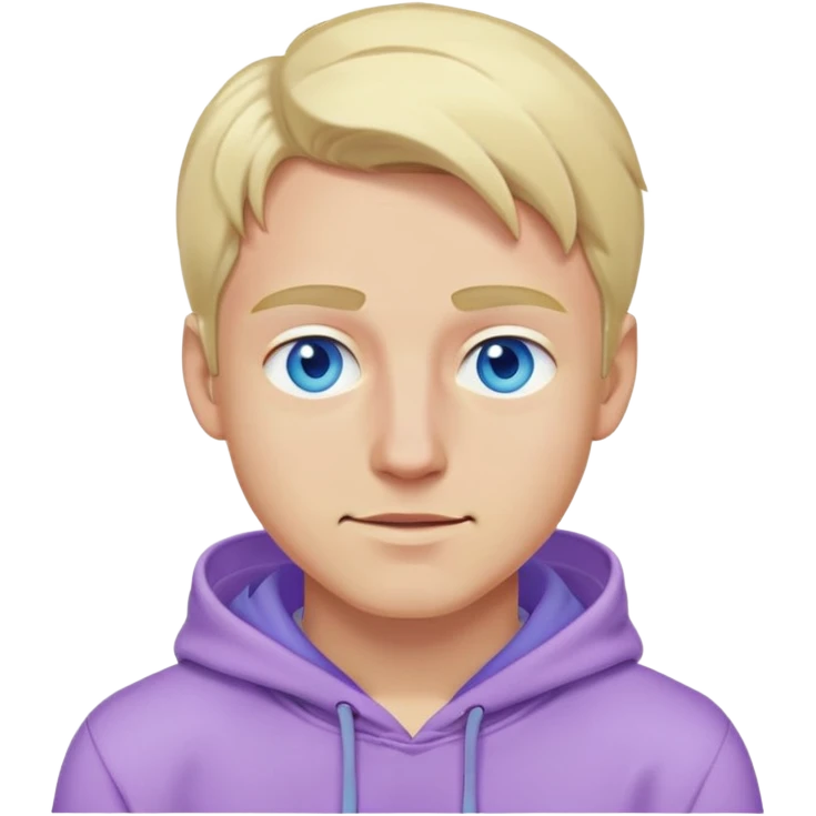 blonde man with blue eyes, lilac hoodie, winking emoji