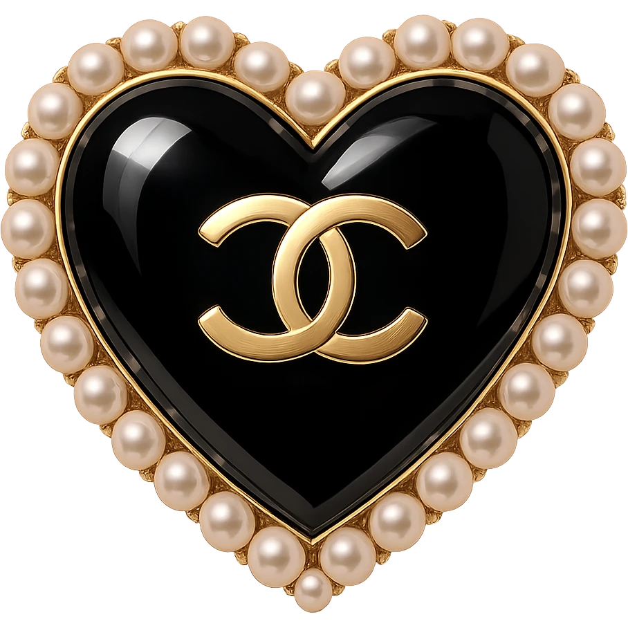  only the elegant heart with pearls and gold Chanel logo, glossy, pastel colors, realistic style, with no background. black pink,  emoji