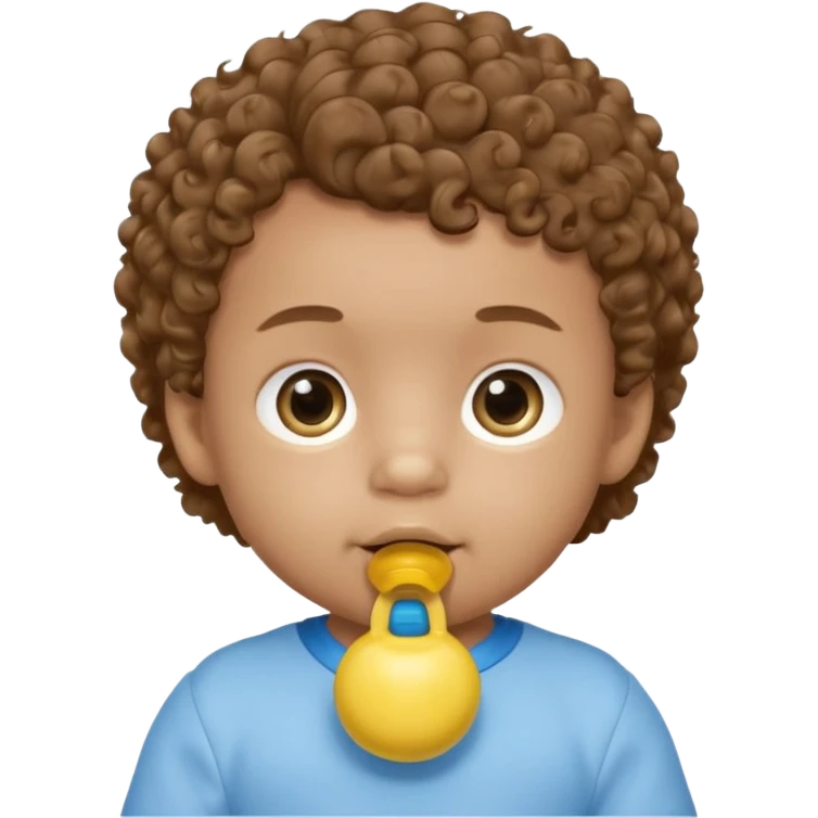 A boy baby with light brown skin, soft curly light-brown hair, wide brown eyes, and a blue-yellow pacifier.  emoji