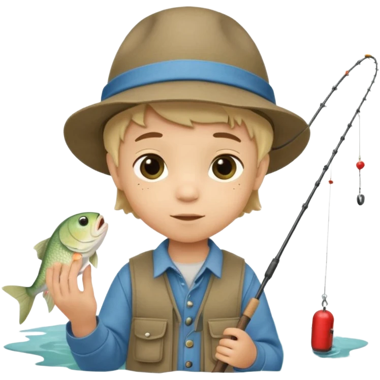 Little boy on the dock fishing, felt texture, scrapbooking, precious moments style character emoji