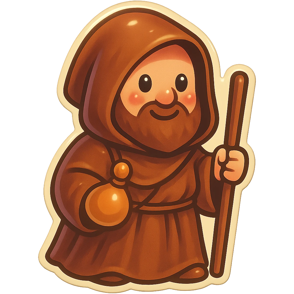 medieval pilgrim wearing a brown cloak, cute and funny, sticker style, voting emoji