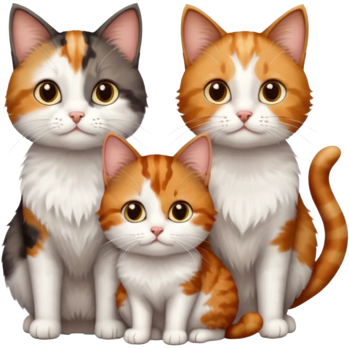 3 different coloured small cats including a dark brown tabby and white, and a patchy calico, and a ginger and white emoji