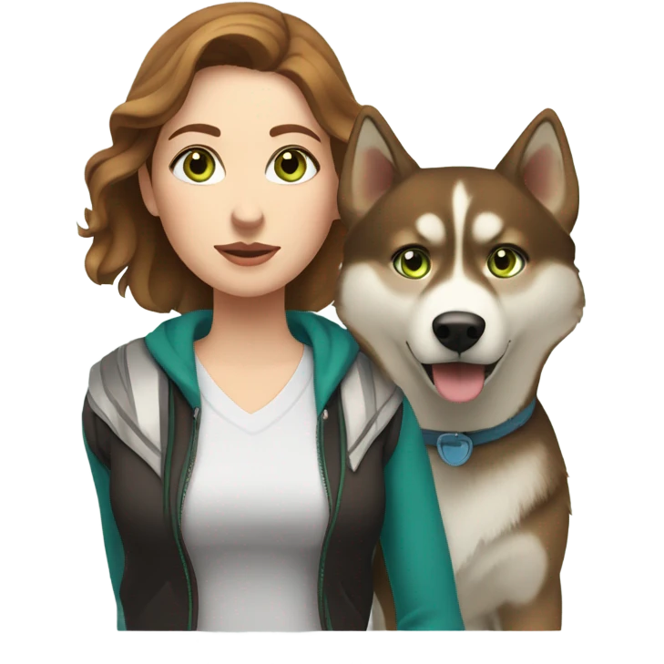 White Woman hair brown and bleus eyes and golden Husky With green eyes emoji