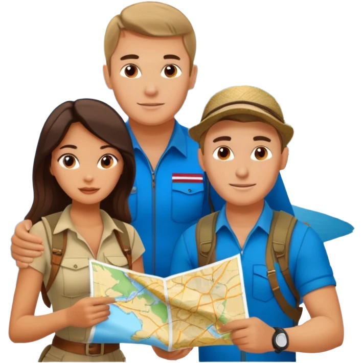 Russian man and elegant Latina girl in adventure outfits with a map planning a trip Montenegro in the background  emoji