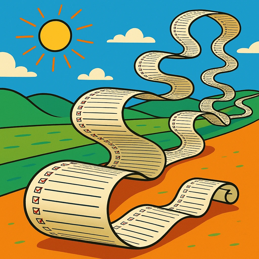 extremely long wavy to-do list with hundreds of tiny checkboxes, curling and looping like a cartoon snake, disappearing into the horizon, vibrant cartoon style emoji