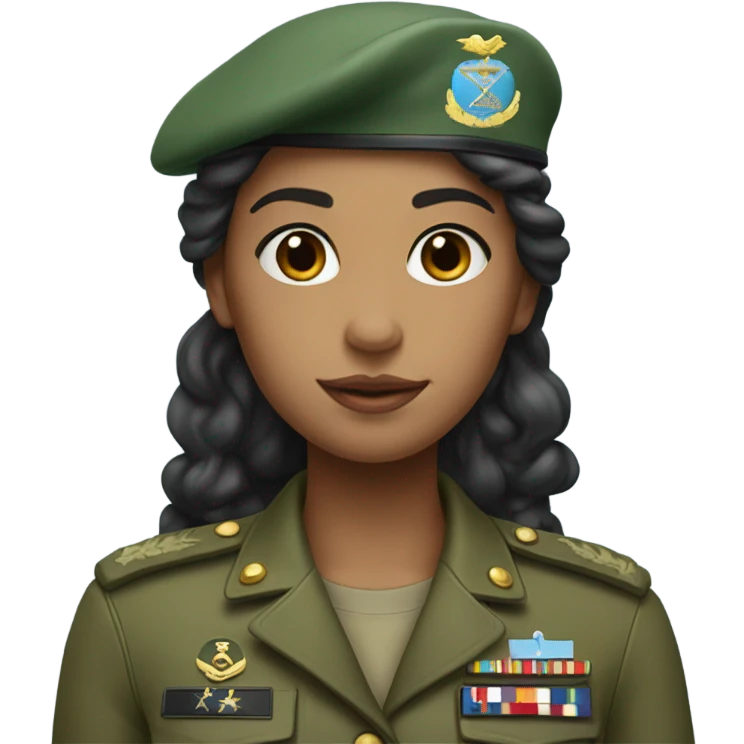 A girl with long curly dark hair wearing a green military uniform and a light blue beret on her head emoji