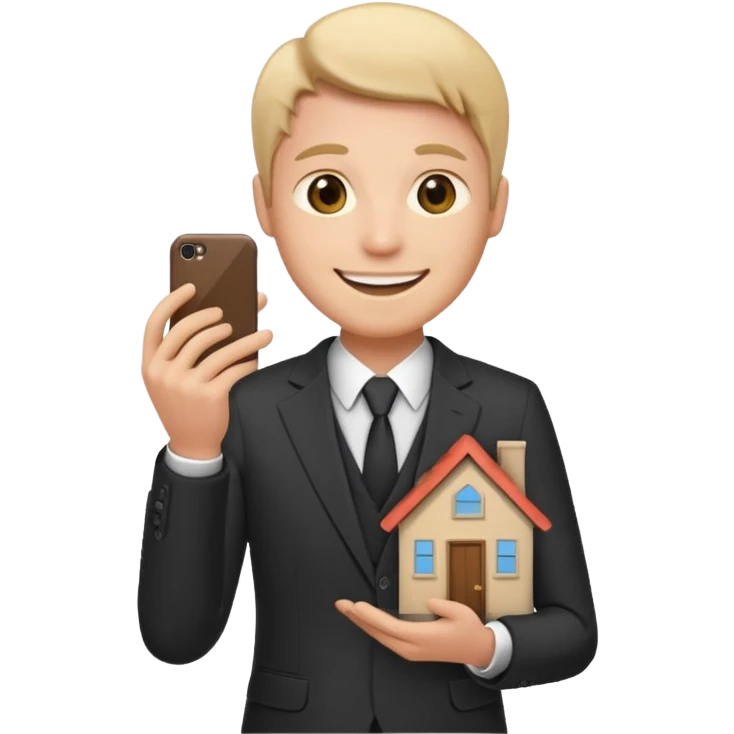 smiling person in suit holding a small house, iPhone emoji style emoji