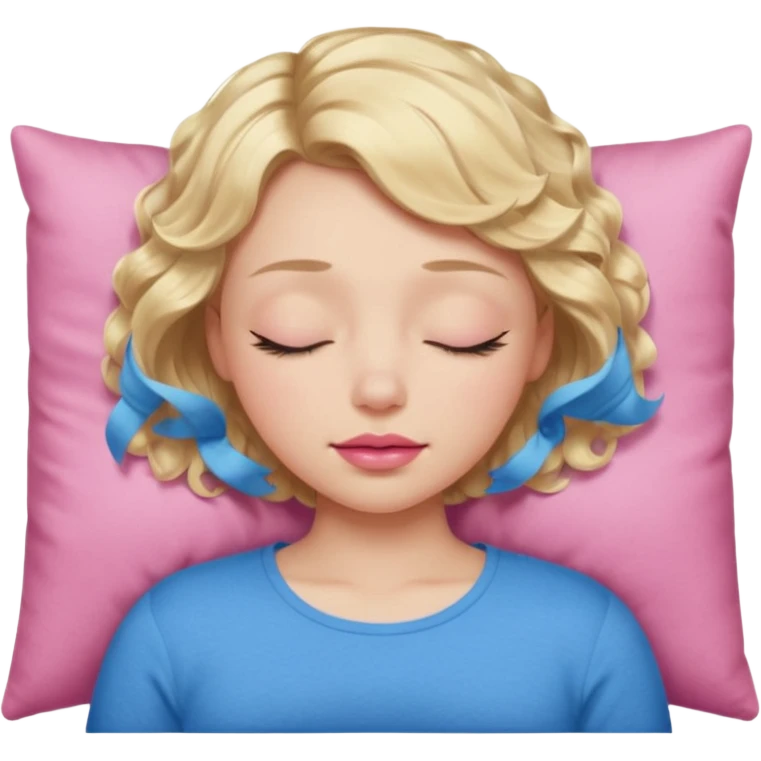 Girl Blonde short wavy hair,  blue eyes, cute blue top, long lashes, pink lips, sleeping eyes closed, catching zzzz  emoji