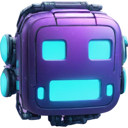 Smily face robotic scanning device, cyberpunk, cyan and purple colors, friendly, futuristic, binary code emoji