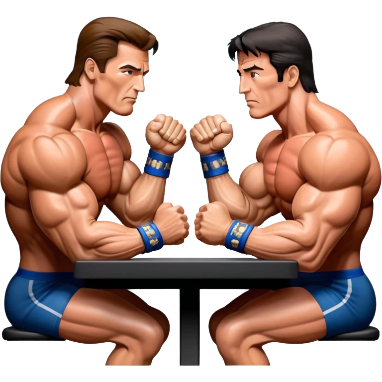 Arnold Schwarzenegger and Sylvester Stallone from 'Over the Top,' locked in an arm wrestling battle, using only their right hands. Their left hands rest on the table. Both display immense strength, with muscular arms flexing, under bright competition lights. Transparent background. emoji