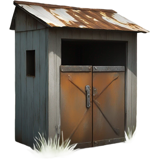 An outdoor tool shed found abandoned on Alcatraz island, corner angle  emoji