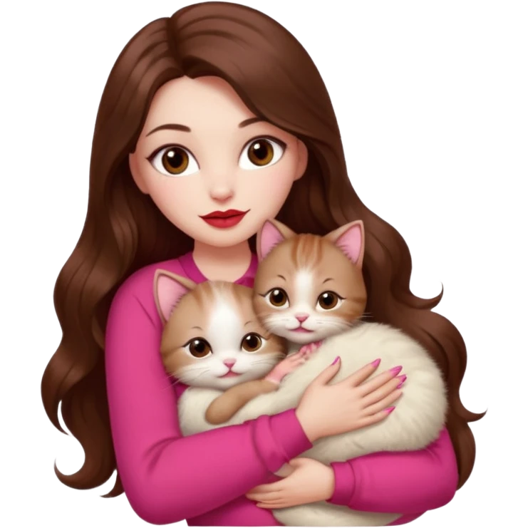 Long Hair Coffe, White Skin, eyes coffe, Big red lips, Outfit Pink , Nails Red, Hug a litte baby Cat color Cream eyes coffe emoji
