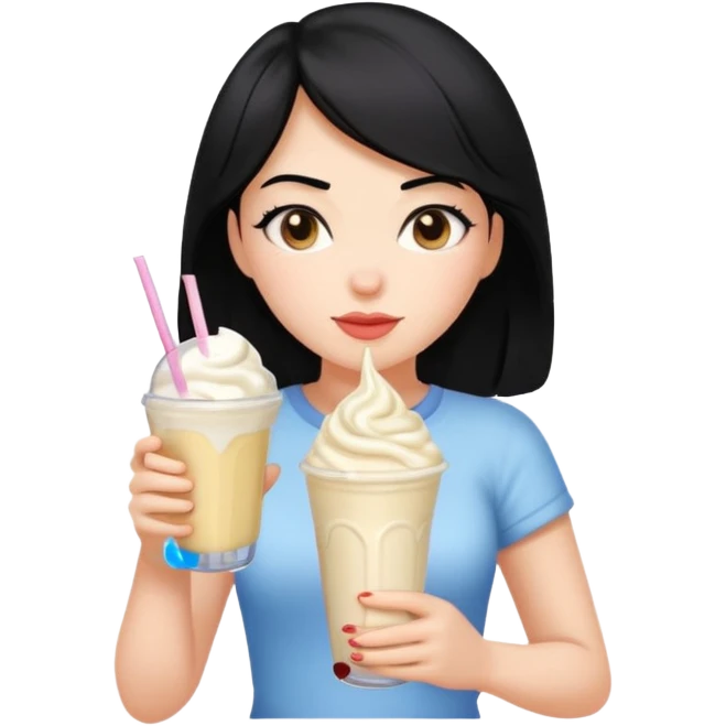 A girl with black hair and the milkshake as her boobs emoji