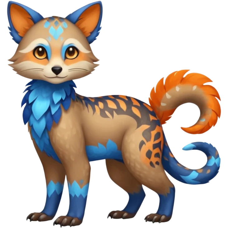 Colorful brown with blue and orange tropical exotic shiny beautiful fantasy-Trico-Cacomistle-oncilla-animal-Fakémon-hybrid-fursona (full body) emoji