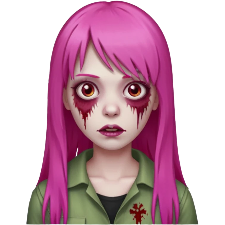 Create a female zombie emoji with long, straight hair in hot pink and bangs. emoji
